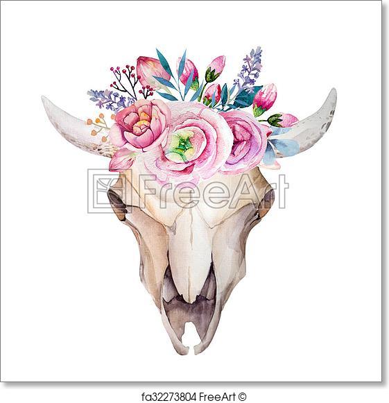 561x581 Free Art Print Of Watercolor Cow Skull With Flowers And Feathers