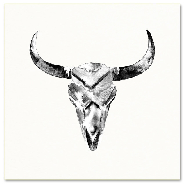 640x640 Horns No. 3 Black And White Bull Skull Watercolor Art Print