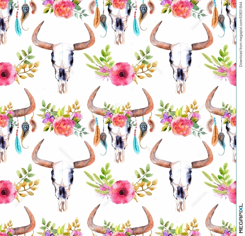 830x800 Watercolor Bull Skull With Flowers And Feathers Illustration