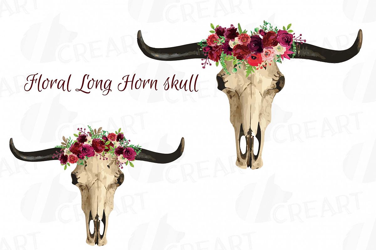 1200x800 Watercolor Floral Longhorn Bull Skull Clipart, Boho Tribal