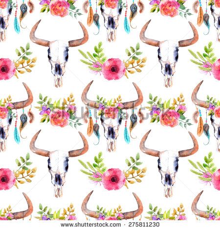 450x470 Watercolor Bull Skull With Flowers And Feathers, Seamless