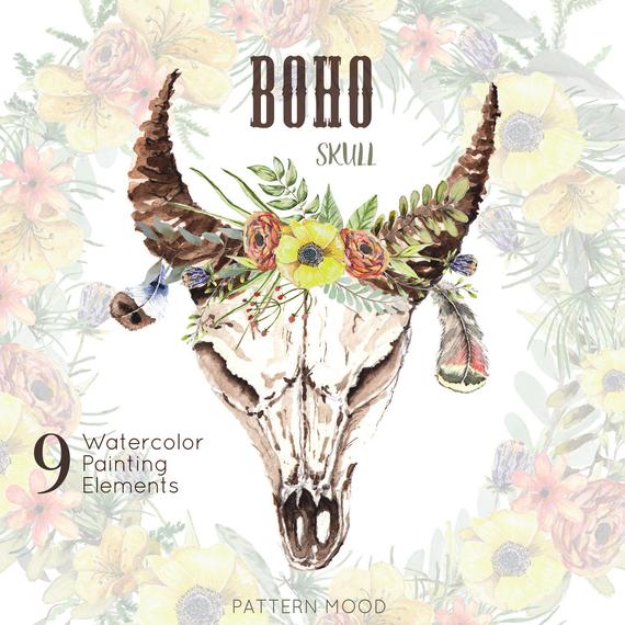 570x570 Boho Skull Watercolor Skulls With Horns And Flowers Cow Etsy