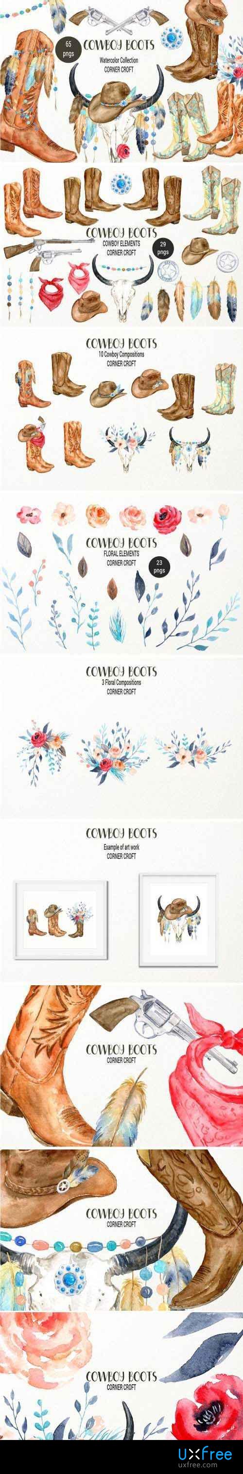 500x3034 Watercolor Cowboy Boots And Accessory Collection 2272625