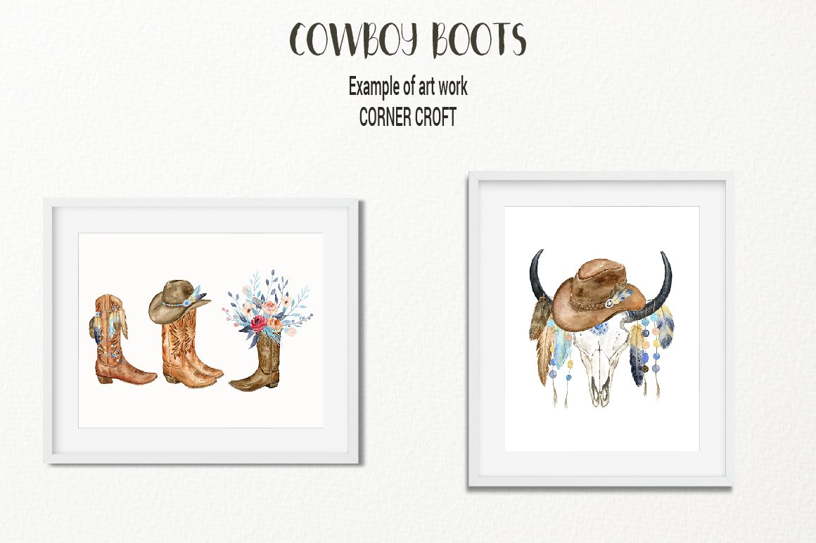 1160x772 Watercolor Cowboy Boots, Hats, Pistol And Boho Feathers, Beads