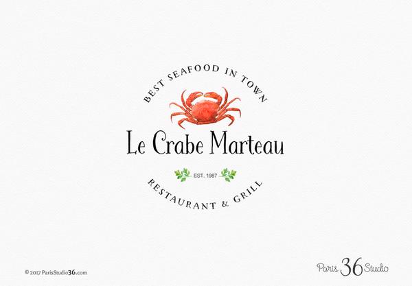 600x417 Watercolor Crab Vintage Restaurant Logo Design By The Paris Studio