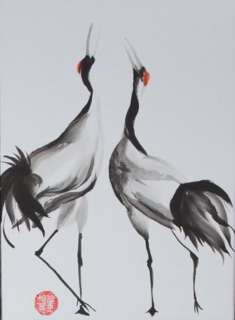 338x460 Japanese Watercolor Crane Japanese Cranes Mating Dance Sumi E