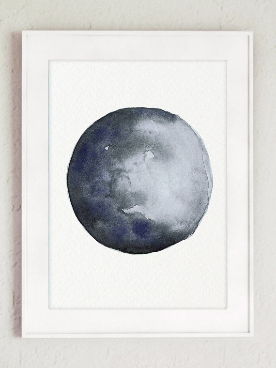 570x760 Waxing Crescent Moon Watercolor Painting, Navy Blue Anniversary