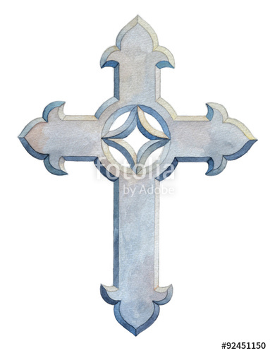 383x500 Cross Symbol. Hand Painted Ornate Watercolor Cross, Marbled Stone