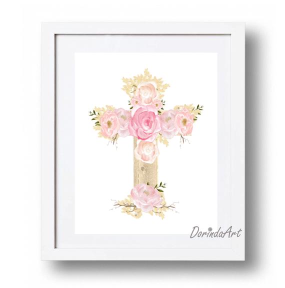 570x576 Easter Printable Decor Watercolor Cross Print Pink Floral Etsy