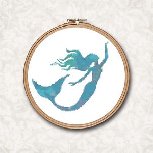300x300 Blue Watercolor Mermaid Fish Ocean Sea Counted Cross Stitch