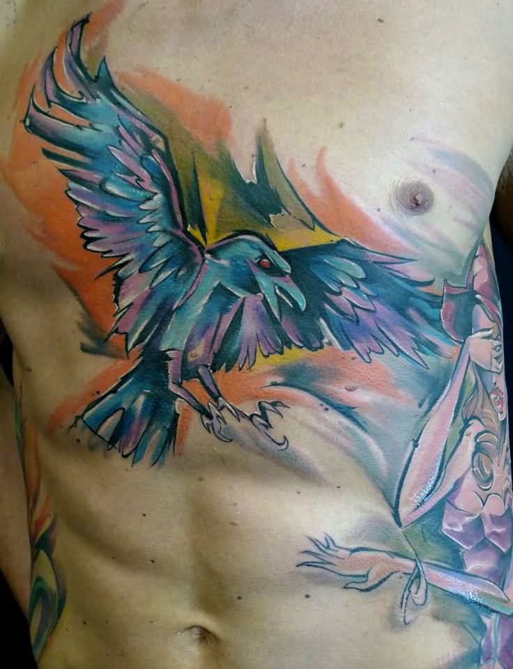 736x960 Watercolor Flying Crow Tattoo On Man Chest