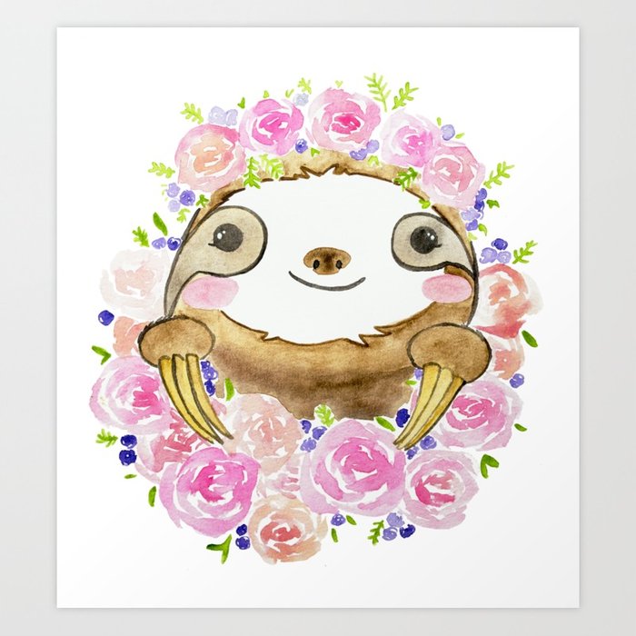 700x700 Happy Little Watercolor Sloth With Flower Crown Art Print By