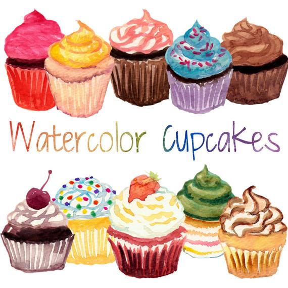 570x570 Watercolor Cupcakes Cupcake Clip Art Dessert Clip Art Food Etsy
