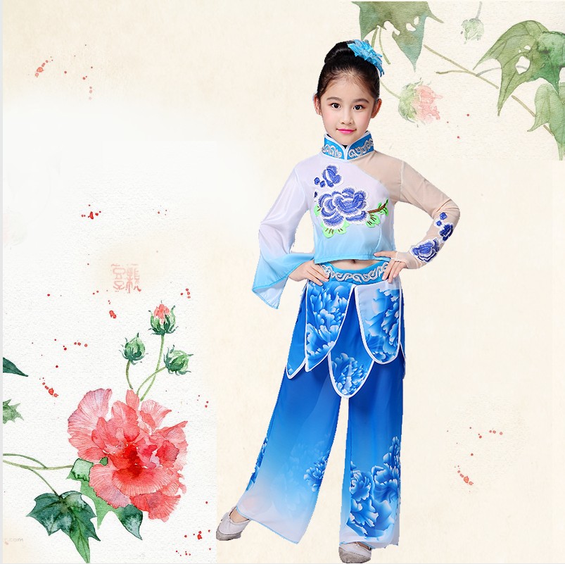 803x801 Chinese Blue Folk Dance Costume For Stage Girl Fan Dance Clothing