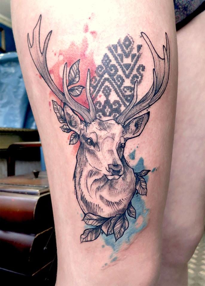 686x960 Watercolor Deer Head Tattoo On Thigh