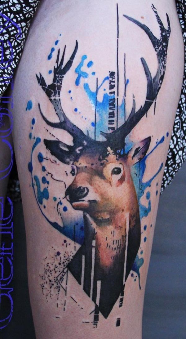 600x1093 45 Inspiring Deer Tattoo Designs Thigh Tattoos