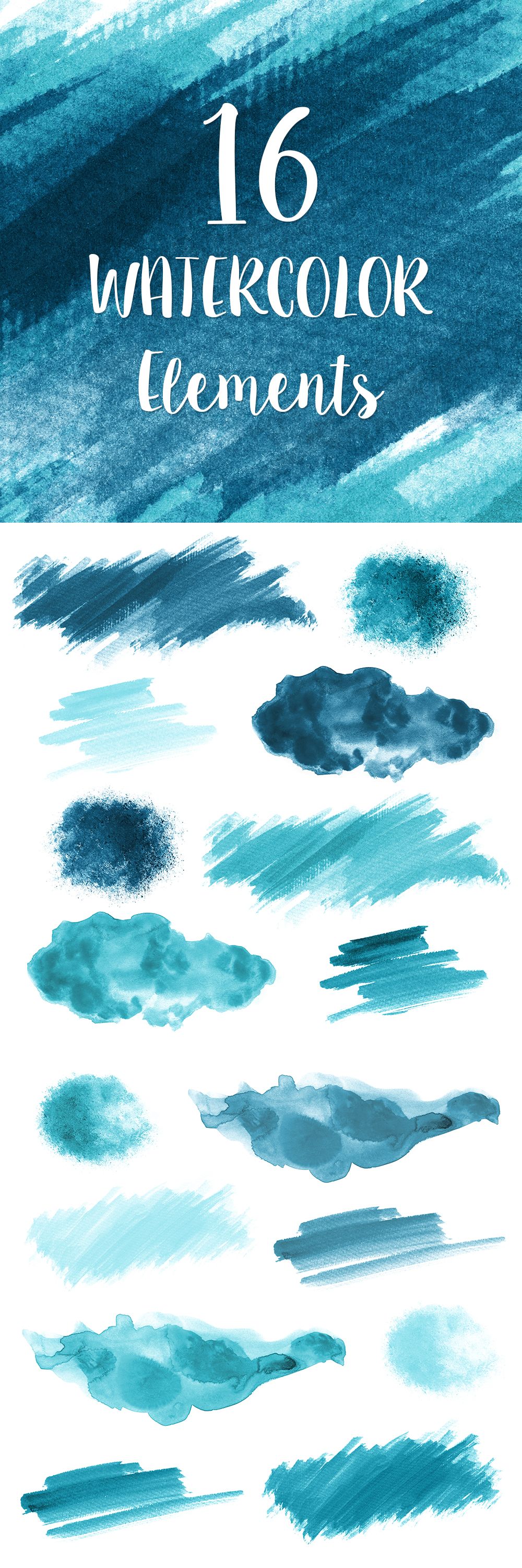 1000x3000 16 Blue Watercolor Splotches, Splatters And Brush Strokes Blue