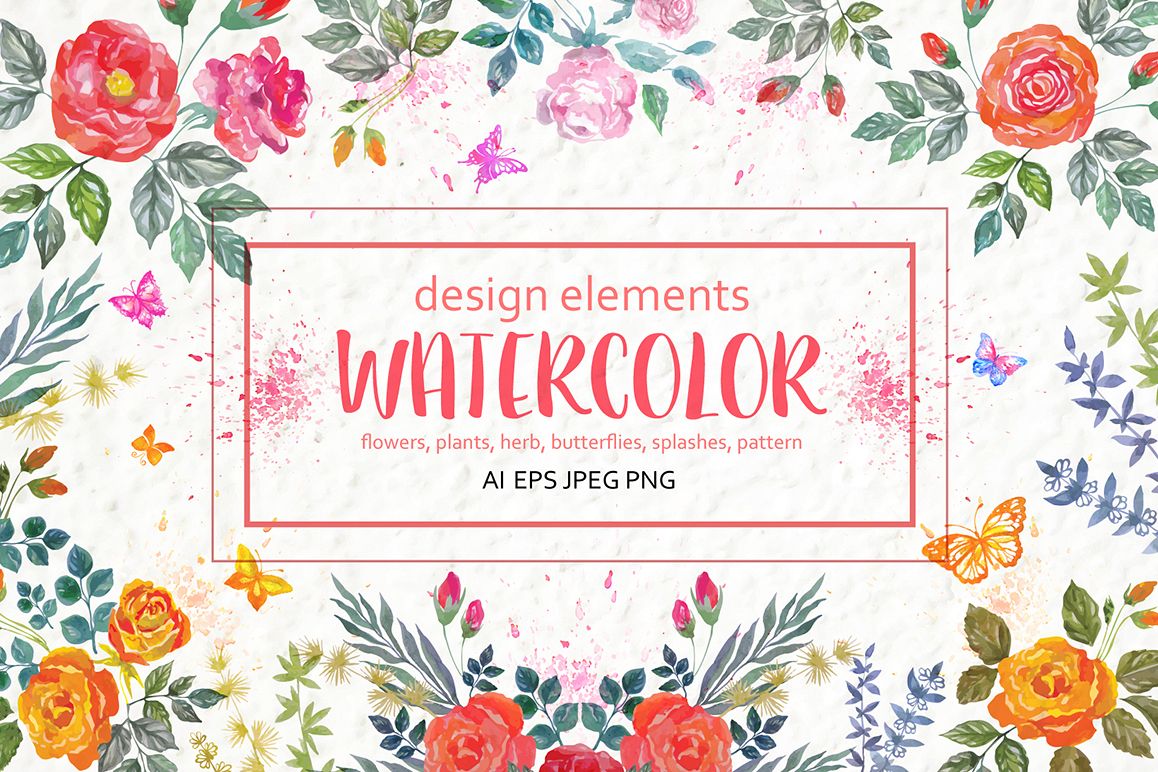 1158x772 Set Of Watercolor Design Elements Rose Flowers, Plants