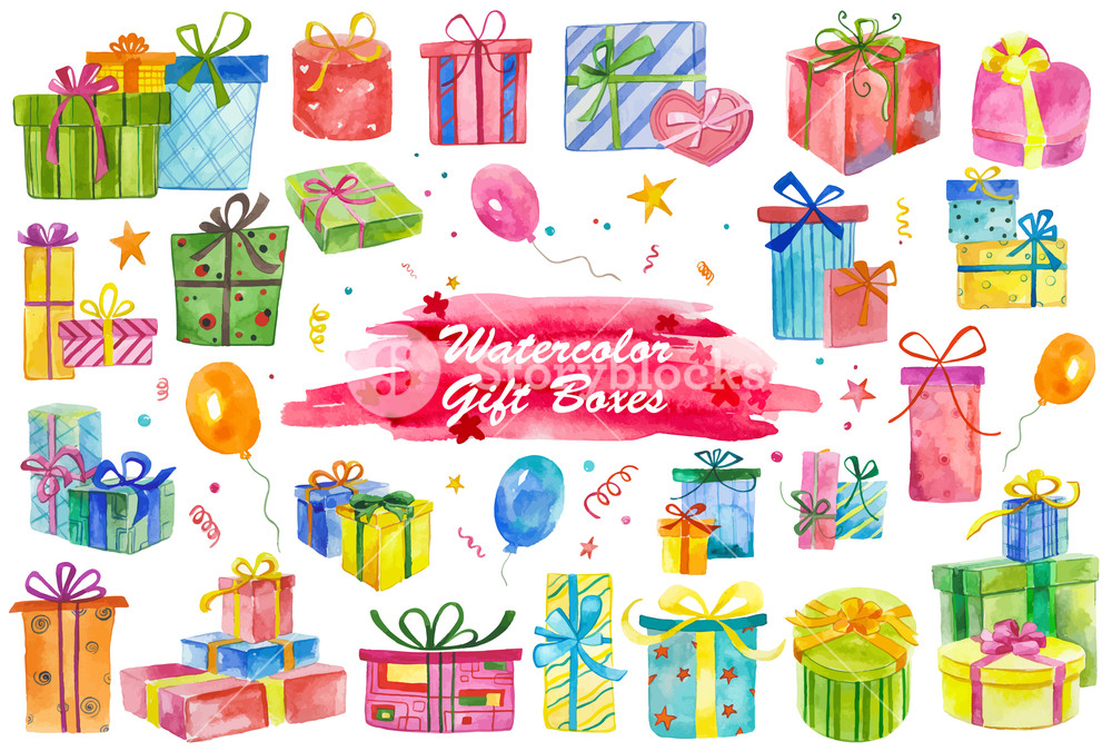 1000x675 Watercolor Painted Collection Of Gift Boxes. Hand Drawn Holiday