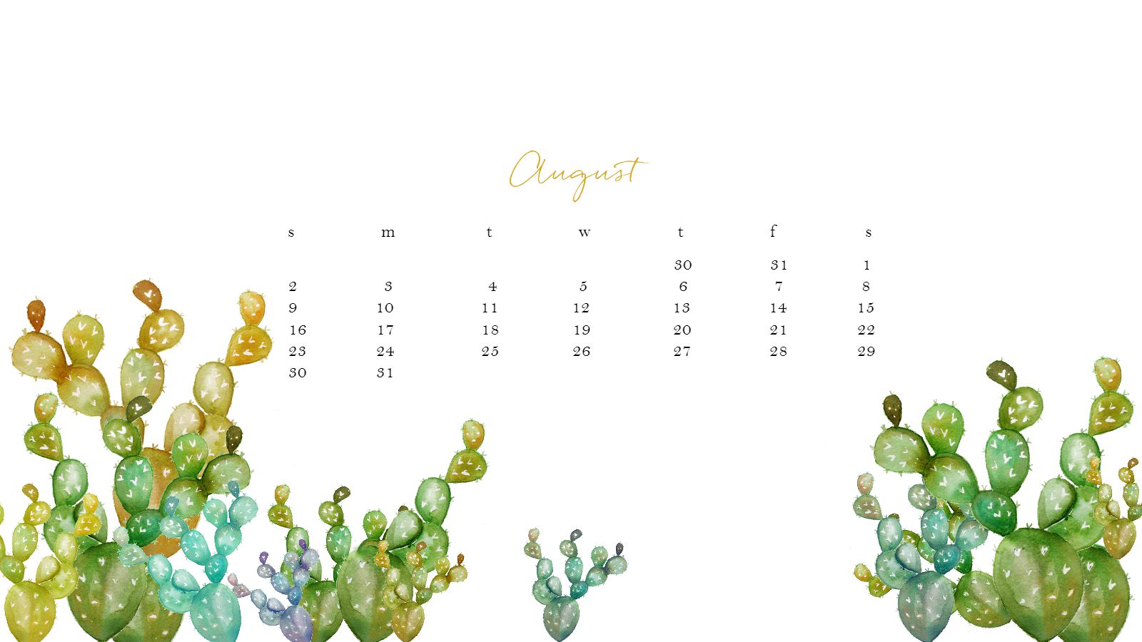 1600x900 Free August Watercolor Desktop Calendar