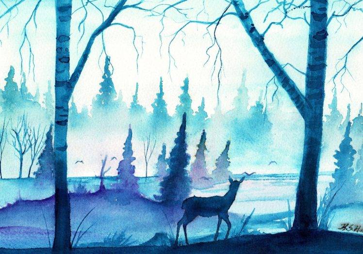 748x524 Watercolor, Deer, Blue, Forest, Mist Wallpapers Hd Desktop And