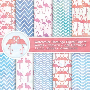 350x350 Pink Flamingo Watercolor Digital Paper, 10 Printable Animal