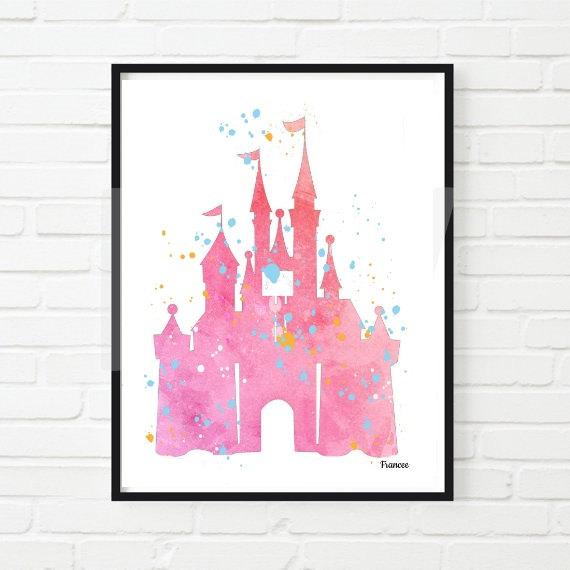 570x570 Watercolor Print Cinderella Disney Castle Pink Digital Download