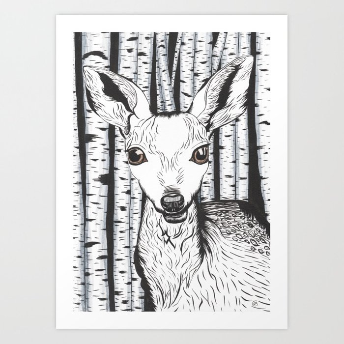 700x700 Ink And Watercolor Black And White Doedeer In The Forest Art
