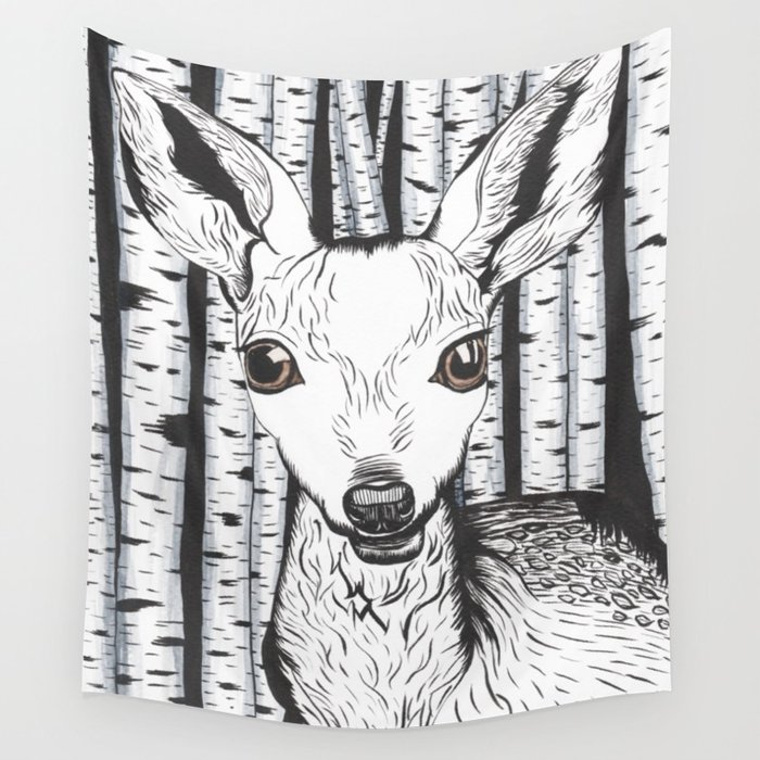 700x700 Ink And Watercolor Black And White Doedeer In The Forest Wall