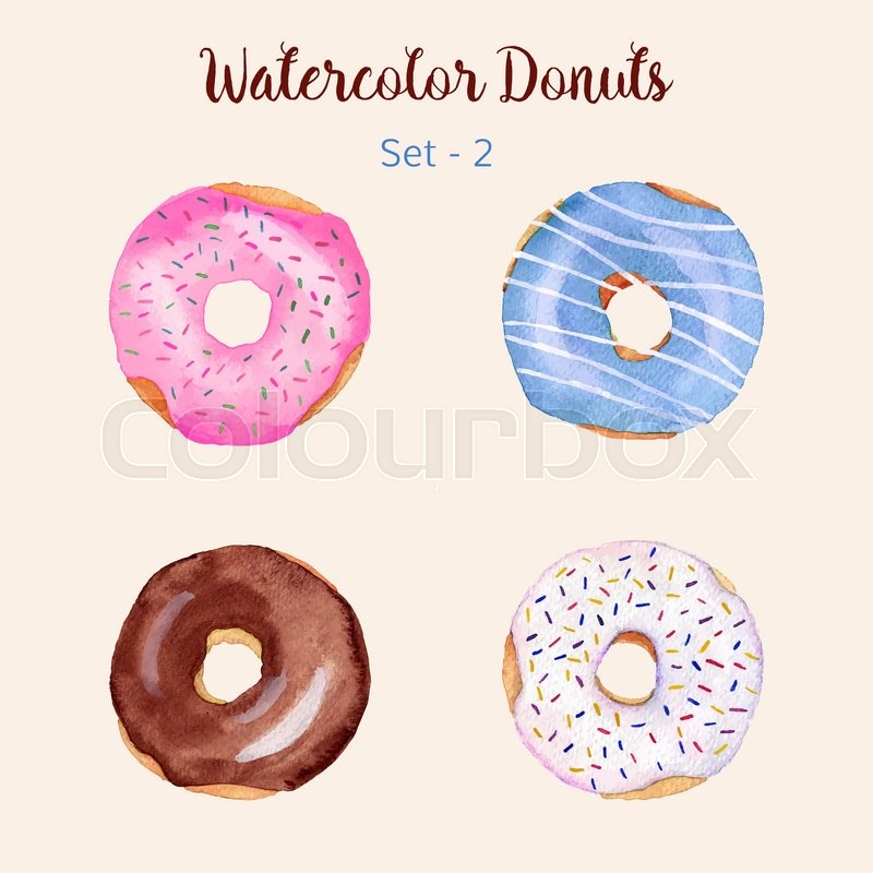 800x800 Watercolor Donut Set Isolated On A Light Background. Hand Painted