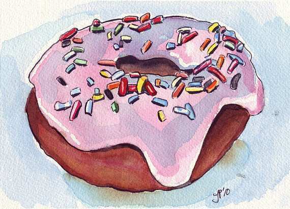 570x410 Donut Painting Elegant Watercolor Painting Still Life Frosted Pink