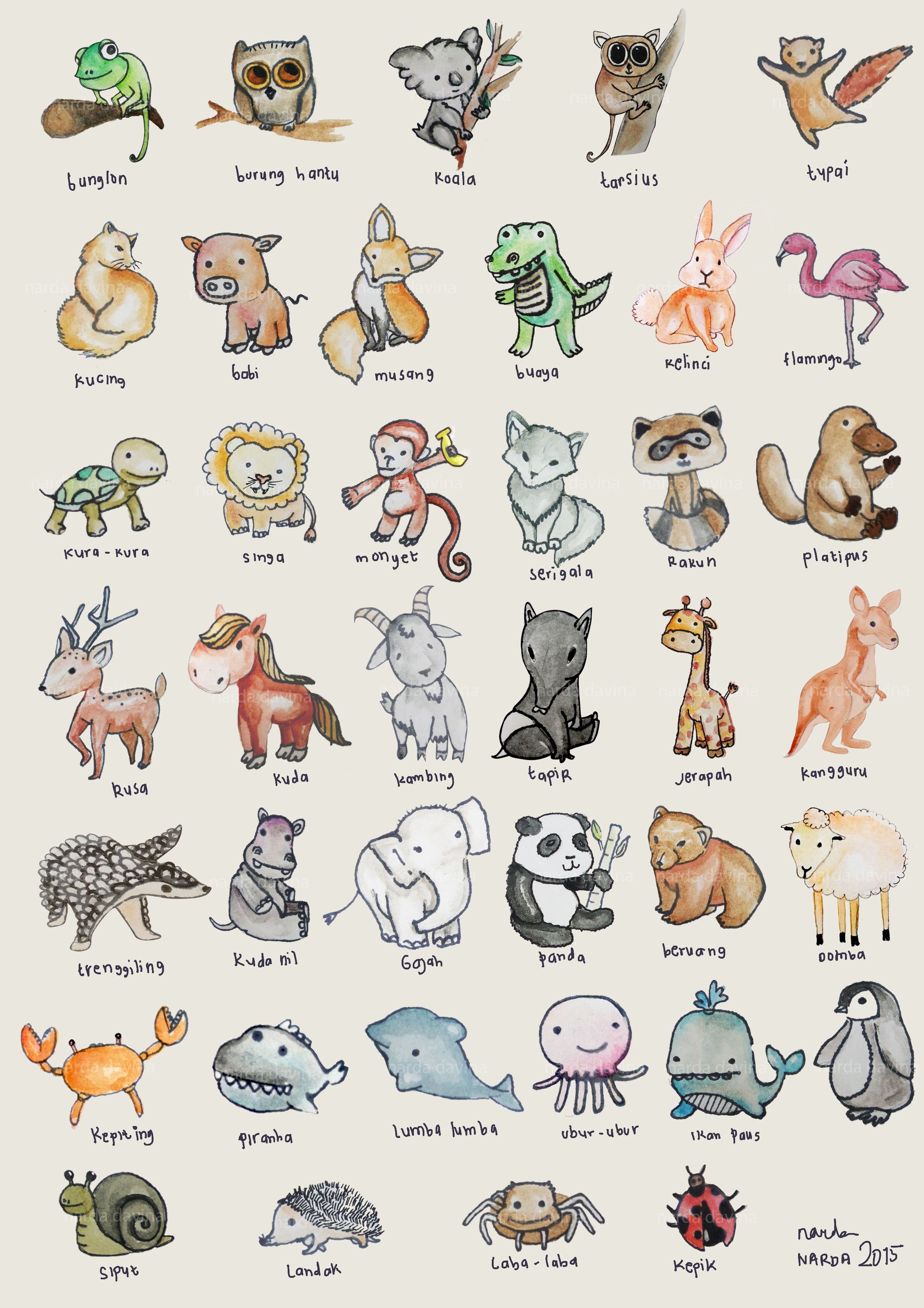 2480x3508 Cute Animals Potrait. Watercolor Used Doodle