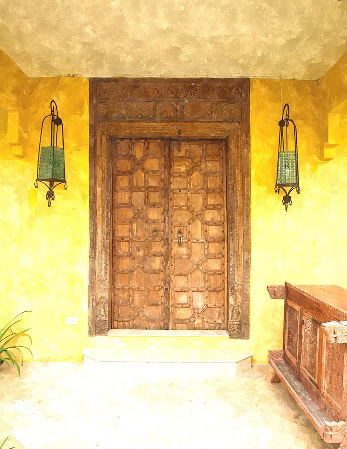 695x900 Watercolor Of Antique Moroccan Style Wooden Door On Yellow Wall