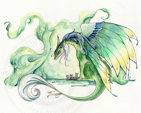 570x456 Guardian Dragon Watercolor Painting Print 8x10 By Starwoodarts