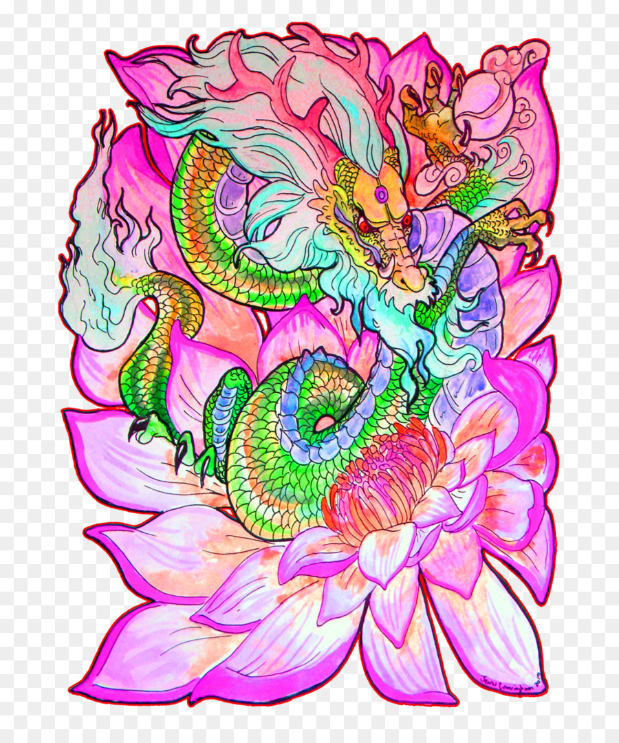 900x1080 Floral Design Lotus Cars Dragon Art Watercolor Painting