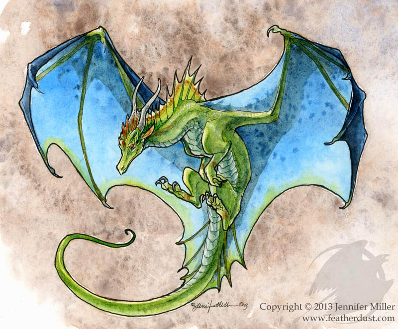 800x662 Azure Winged Dragon Ink And Watercolor Painting Featherdust