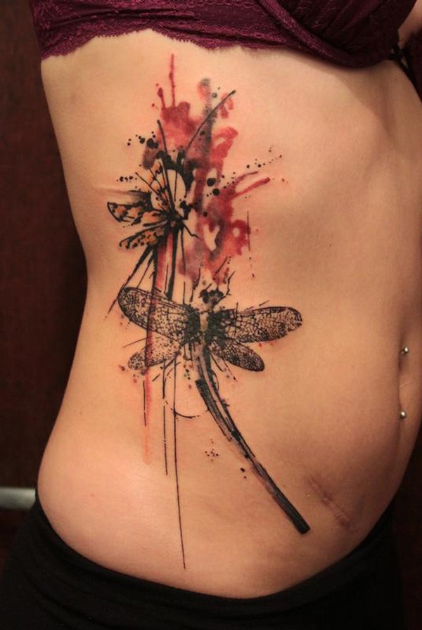 600x896 Wonderful Watercolor Dragonfly Tattoo On Ribs