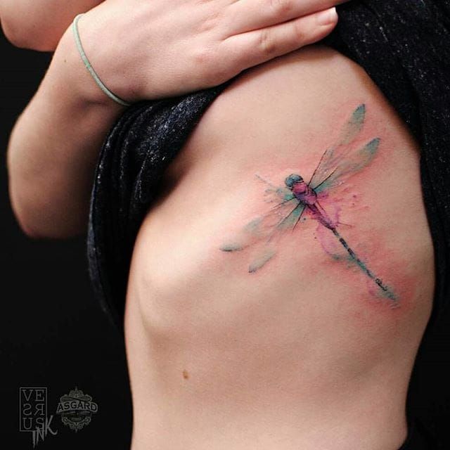 640x640 Watercolor Dragonfly Tattoo On Side Rib Cage