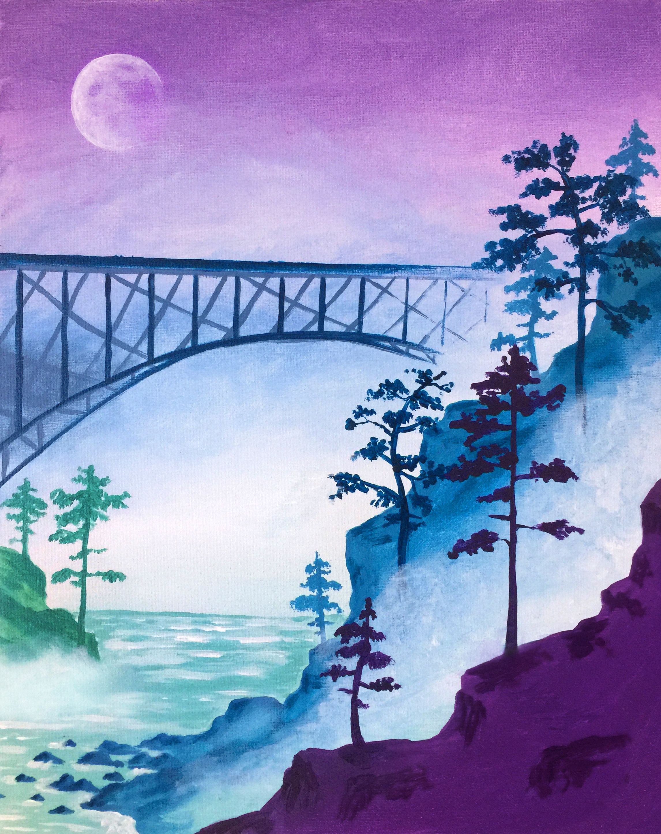2292x2892 Paint Nite. Moon Painting. Bridge In The Mist Painting Tutorial