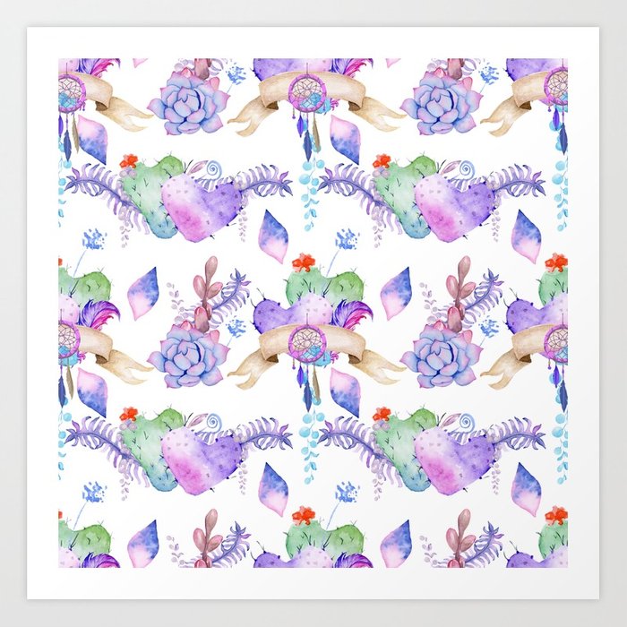 700x700 Bohemian Pink Watercolor Dreamcatcher Heart Cactus Floral Art