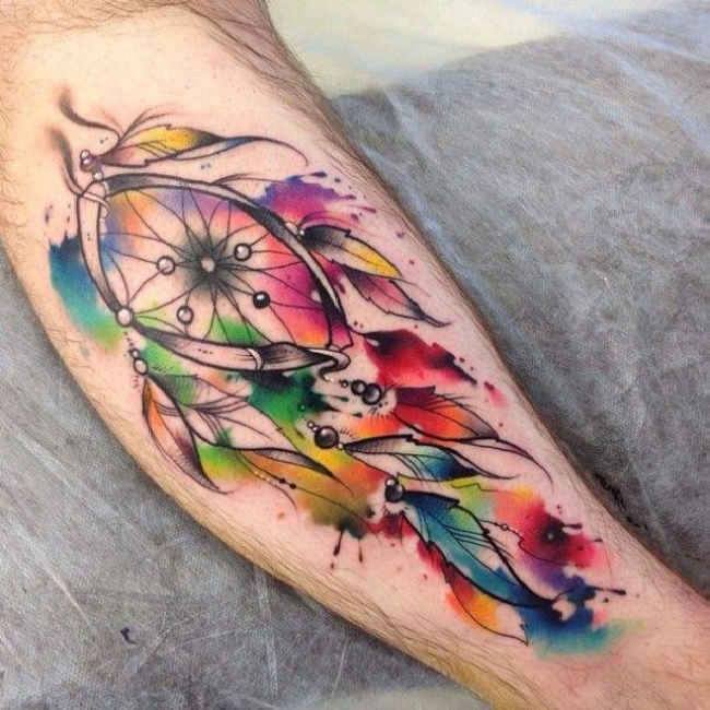 650x650 Colorful Watercolor Dreamcatcher Tattoo On Leg