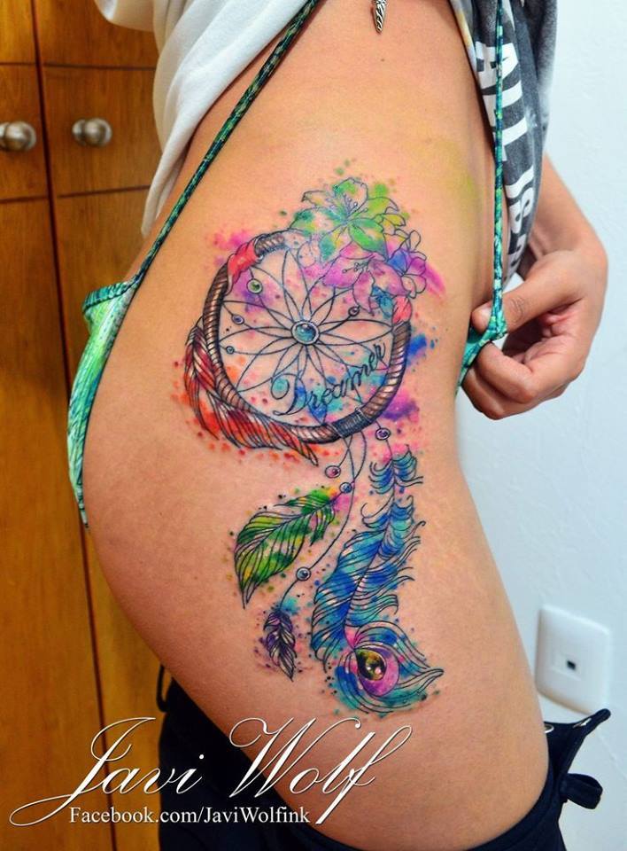 708x960 Watercolor Dreamcatcher Tattoo On Side Leg By Javi Wolf