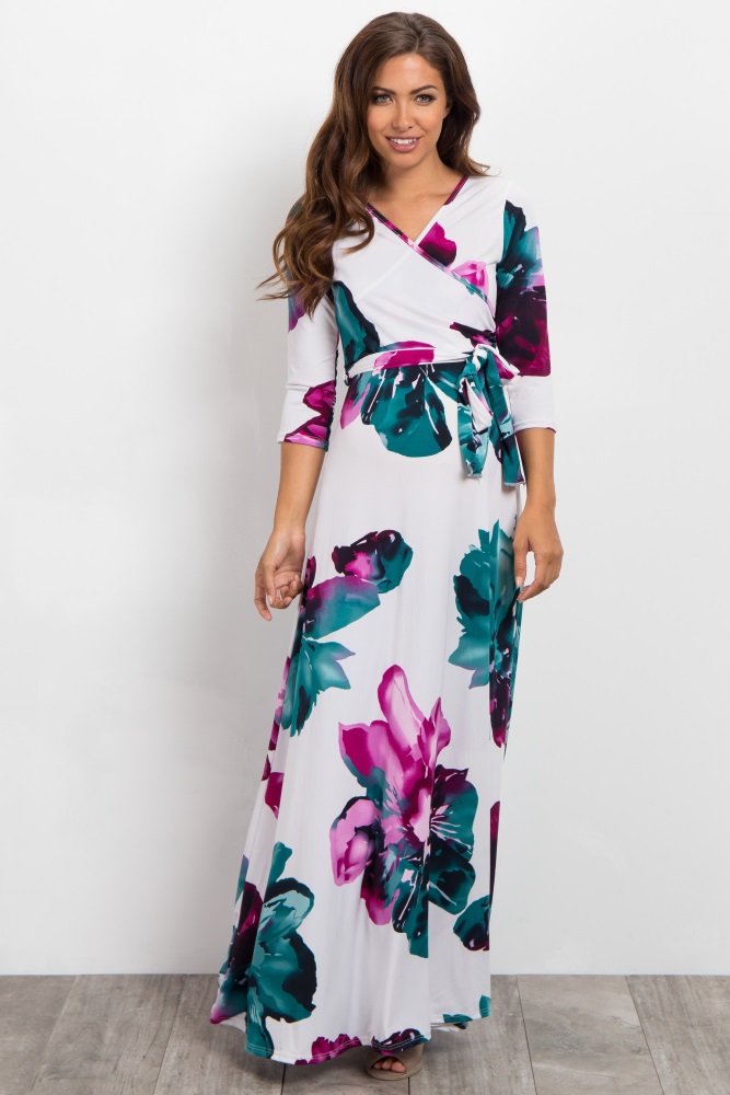 667x1000 Ivory Watercolor Floral Maternitynursing Wrap Maxi Dress