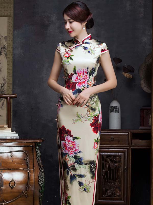 600x800 Red Watercolor Peony Floral Light Yellow Silk Long Cheongsam