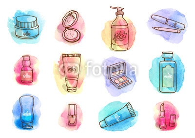 400x283 Vector Watercolor Set With Make Up Products. Sketchy Cosmetics On