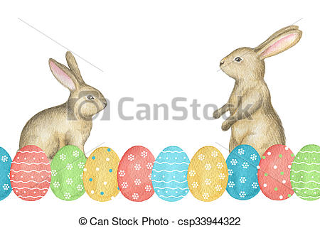 450x321 Watercolor Easter Colored Eggs And Bunnies. Watercolor Easter