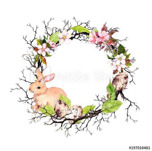 500x496 Easter Bunny, Eggs, Branches, Spring Flowers, Leaves. Floral