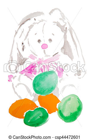300x470 Hand Painted Watercolor Easter Rabbit With Easter Eggs Isolated.