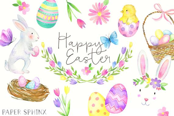 570x380 Watercolor Easter Clipart Easter Bunny Clip Art Spring Etsy