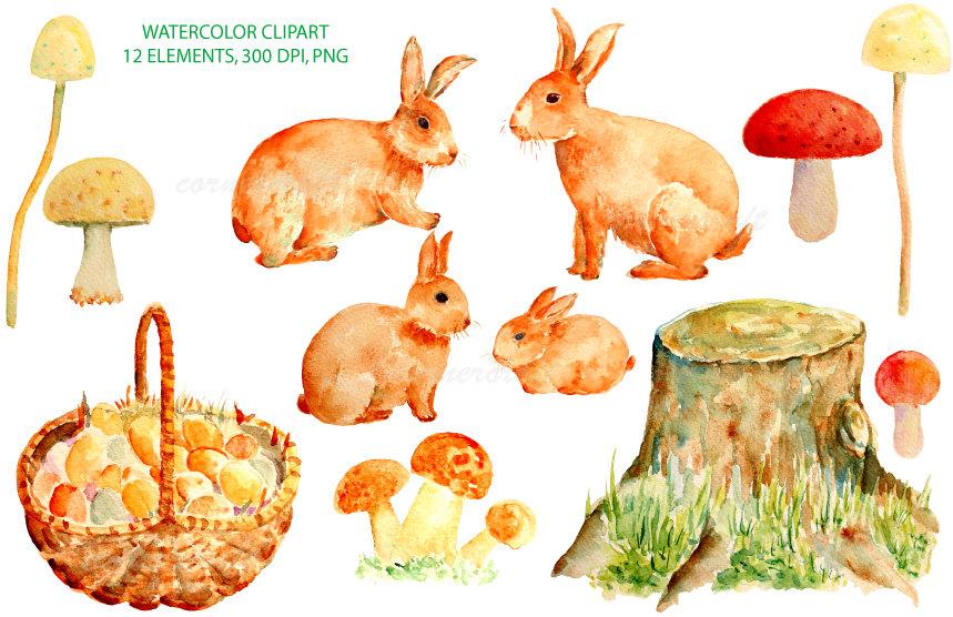 859x556 Watercolor Clipart Rabbit Family And Mushrooms Printable Corner